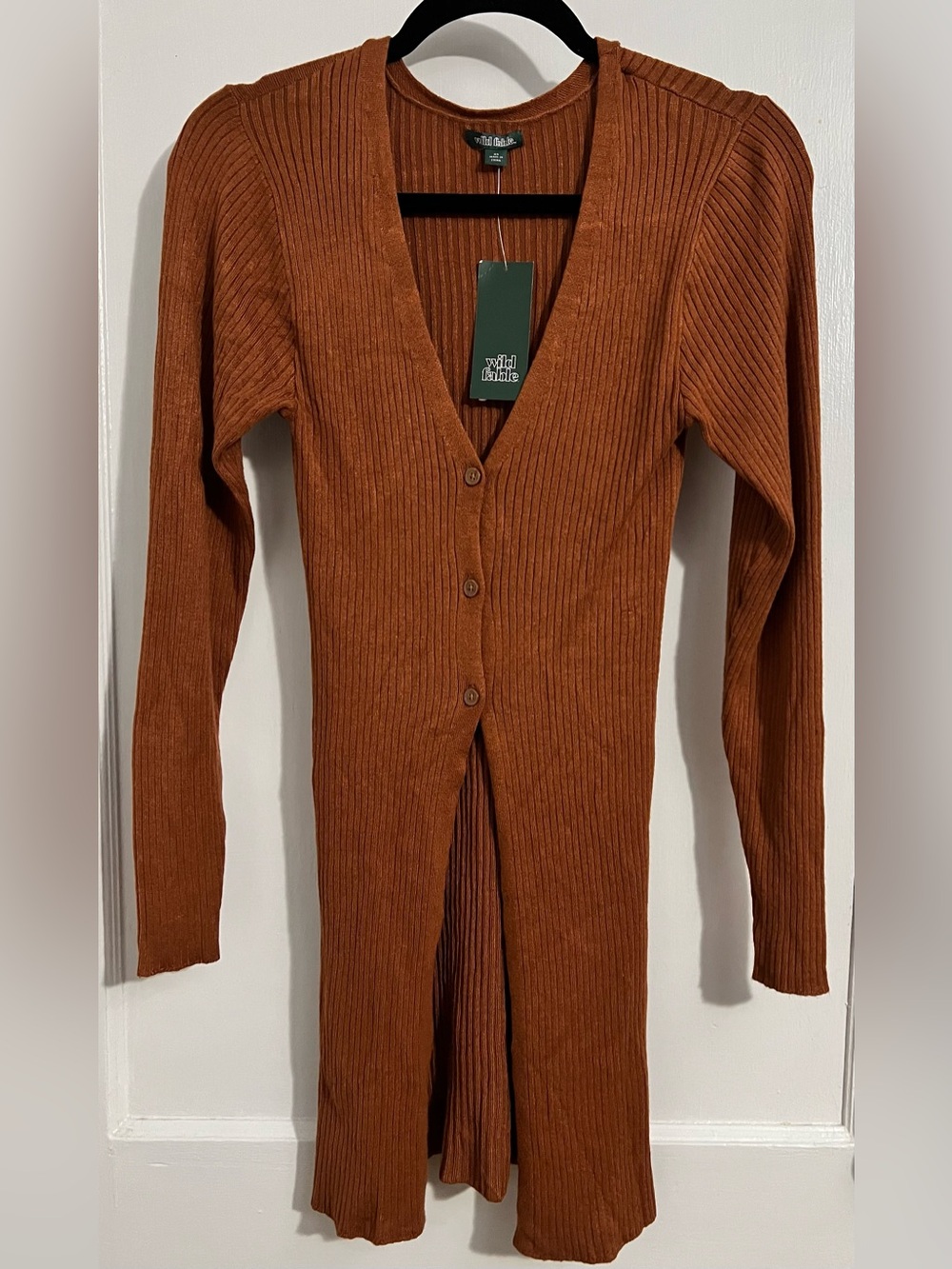 wild fable Ribbed Button-Front Rust Long Cardigan